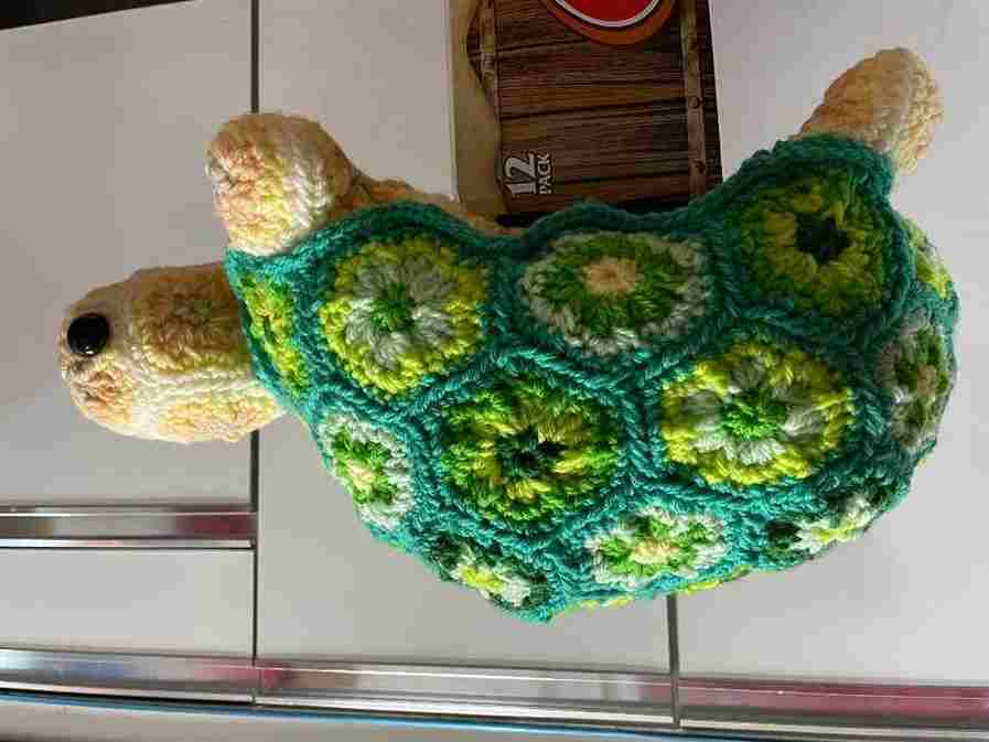 ハマナカあむゆーずさんのかめちゃんです。ユザワヤで見本を見た息子にせがまれ、2021年のクリスマスプレゼントとして編みました。