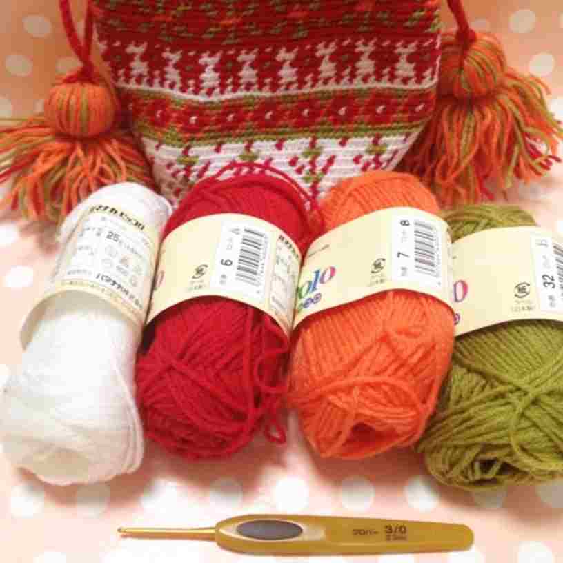 かぎ針、林ことみ著北欧ワンダーニットより、編み込み模様の可愛いポーチを編みました。糸はハマナカのピッコロです。アクリル糸で発色が良く、編み地にかたさも出るのでポーチに最適でした。