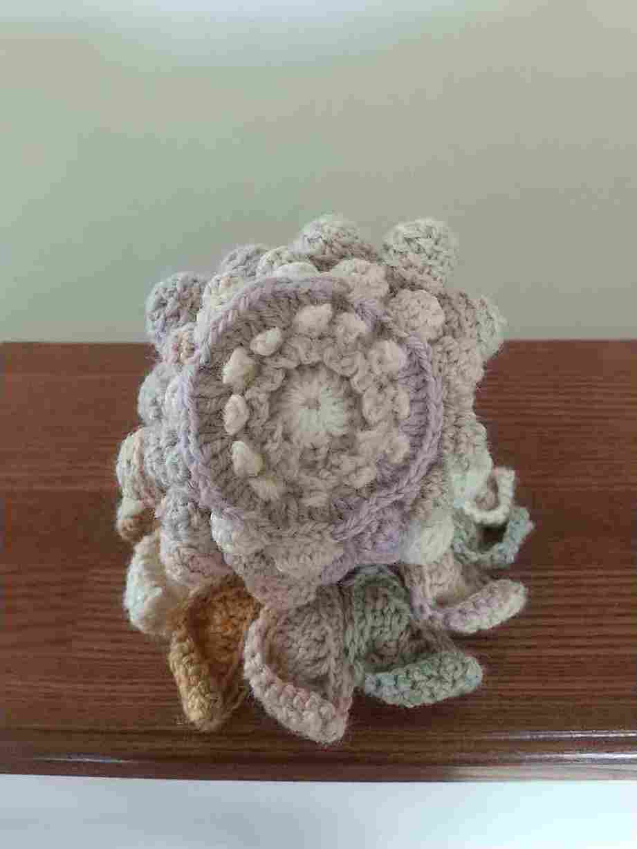 花輪(置物)
コーヒー、キウイ、小豆、アボカド、タンポポ、リンゴの皮、玉葱、みかん、黒豆、茗荷、紅茶などで染めた毛糸で編みました。
球体なので、好きな花で飾ることが出来ます。
