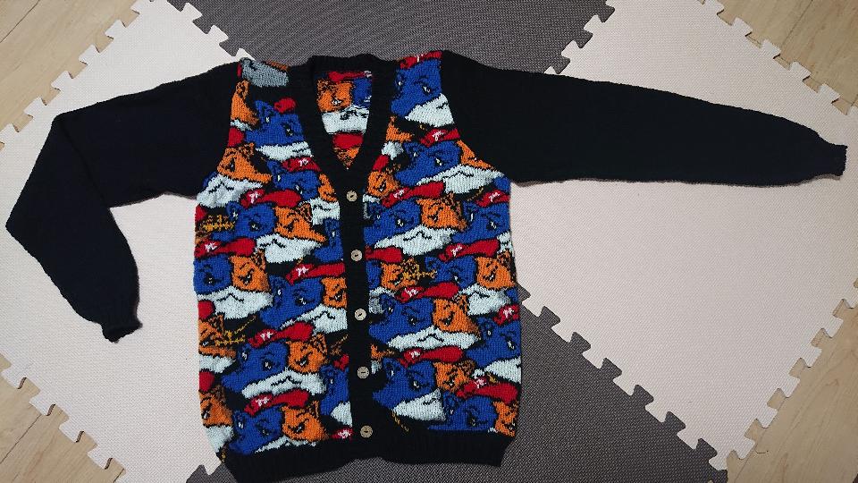 フォートナイトというゲームに登場するニャッスルUFOをカーディガンにしました。背中中央を中心に脇下から前身ごろへ繋がっています。