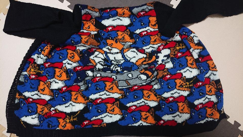 フォートナイトというゲームに登場するニャッスルUFOをカーディガンにしました。背中中央を中心に脇下から前身ごろへ繋がっています。