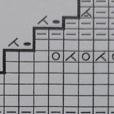 偶数段の編み目（左上二目一度など）